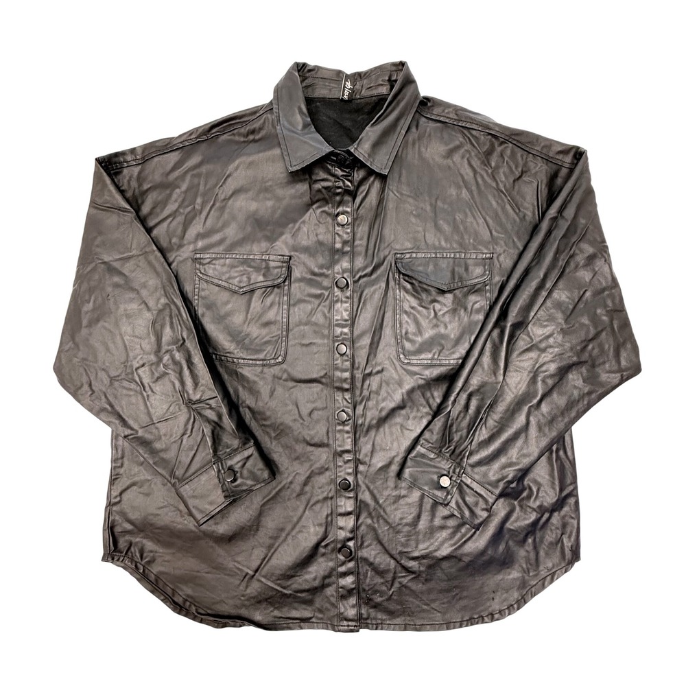Nasty Gal Black Faux Leather Coated Button Down Shirt Shacket Large L